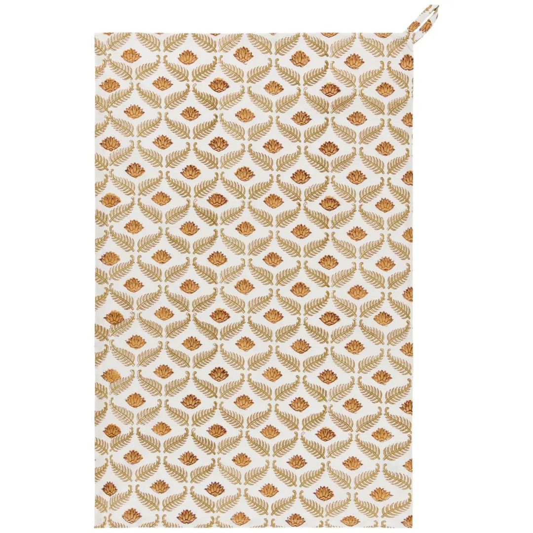 Frond Block Print Dishtowel with delicate, hand-block-printed frond patterns in rich, natural tones on 100% cotton fabric, showcasing unique artisanal craftsmanship with subtle variations in the design.