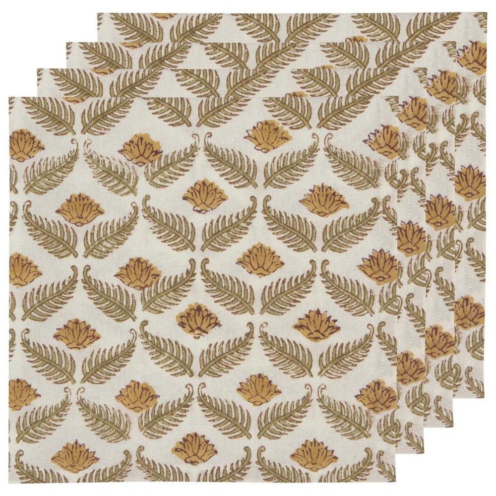 Golden Bloom Hand Block Print Napkins featuring delicate golden flowers intertwined with fern green foliage on 100% cotton fabric, showcasing a unique, handcrafted design with subtle variations in color and texture.