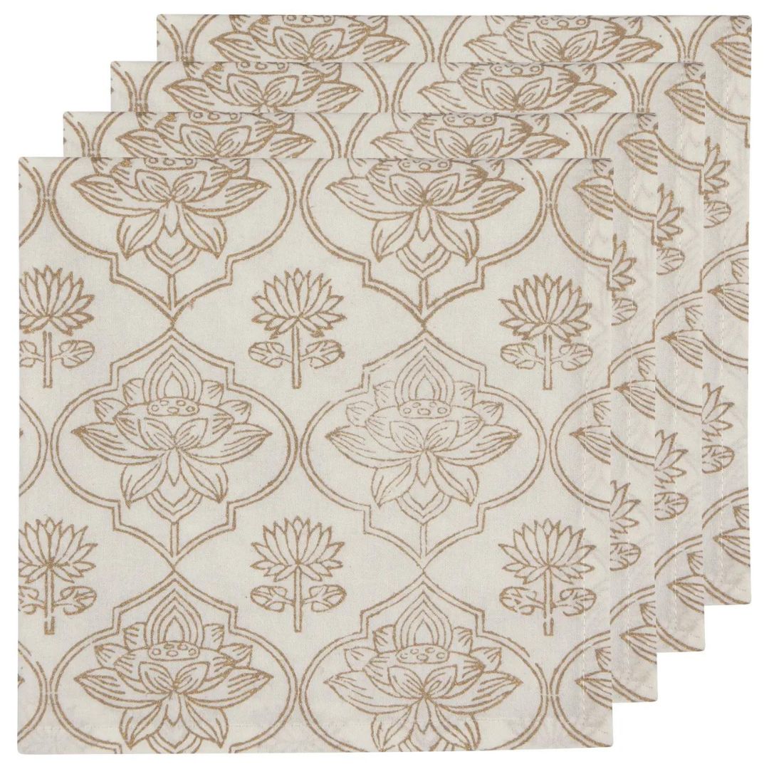 Gold Filigree Hand Block Print Napkin featuring a subtle floral tile design in gold on 100% cotton fabric, showcasing the intricate, handcrafted artistry with slight variations unique to each piece. Size: 18x18 inches.